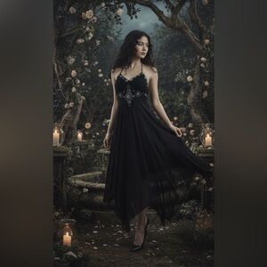 Sue Wong Silk Beaded Laced Embellished Fairy Goth Y2K Slip Dress 0